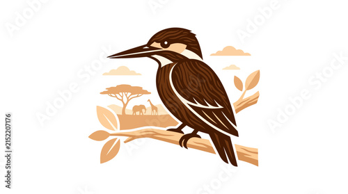 Kingfisher bird perched on a branch illustration.