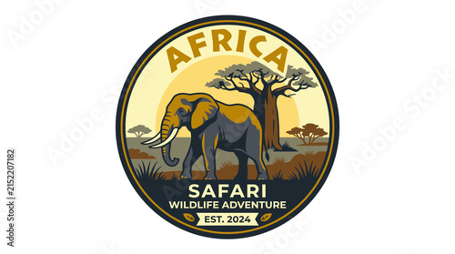 Colorful circular Africa safari logo with elephant and baobab.