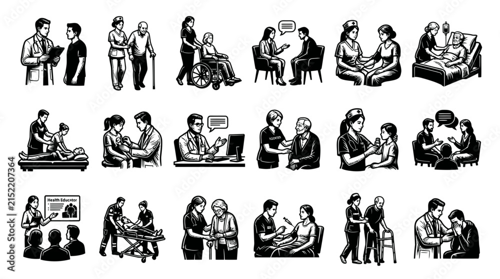 Fototapeta premium Medical Healthcare Professionals Patients Black White Line Art Illustrations. Patient Care Services Vector Set.