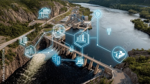 Energy icons overlaid on hydropower photo