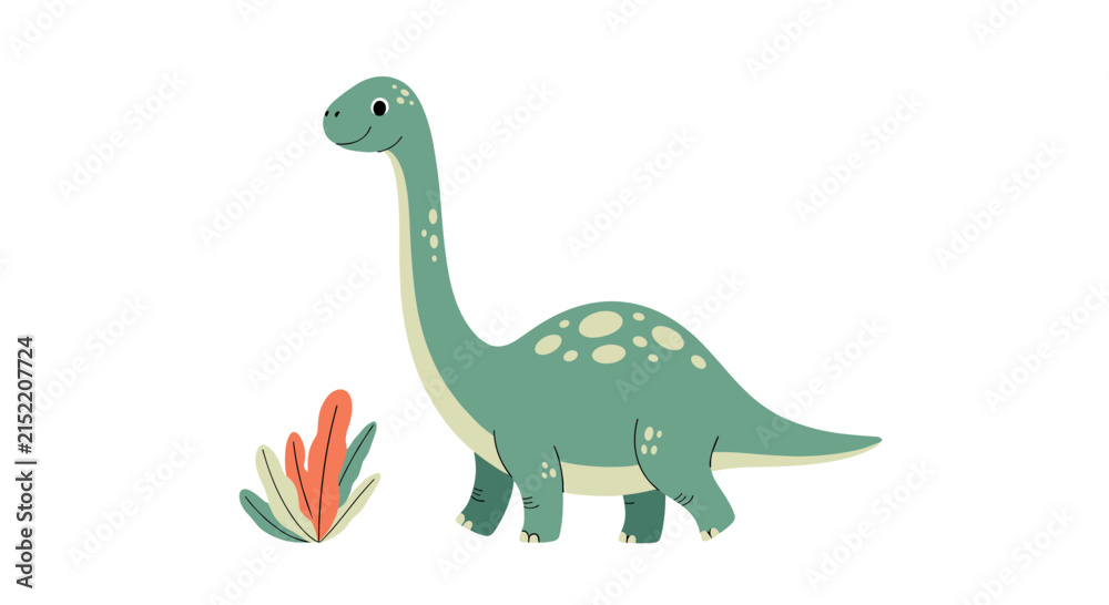 Fototapeta premium Cute cartoon brachiosaurus dinosaur standing next to a small colorful plant in a flat vector illustration style.
