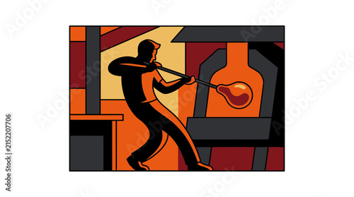 Vintage glassblower artisan vector illustration. Retro glass blowing craftsman at furnace. Industrial worker silhouette in orange and black.