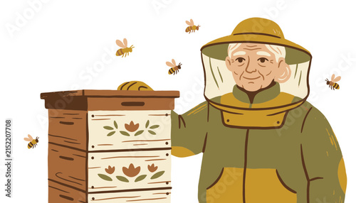 Senior female beekeeper in protective suit with wooden beehive, elderly woman apiarist tending honey bees, flat vector illustration