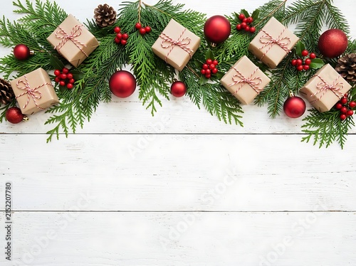 Christmas holiday evergreen border with gift boxes and ornaments on white wood background