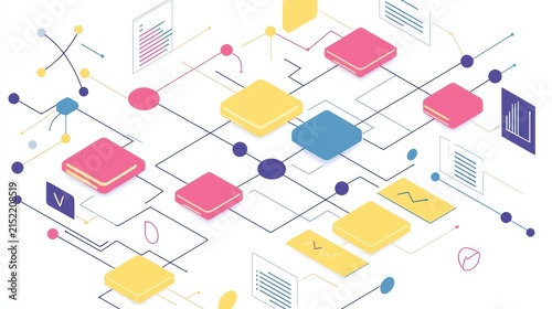 Flowchart-style process graphic with interconnected stages and lines.