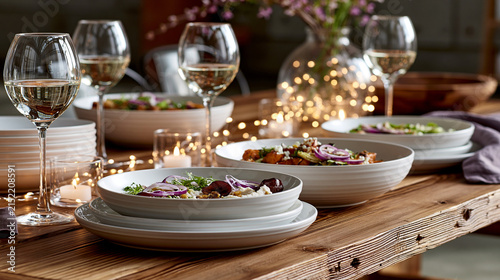 Elegant dinner table setting with white plates and wine glasses for a formal event