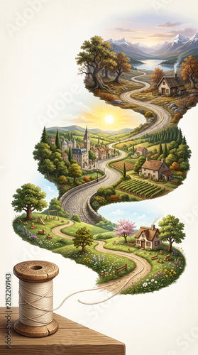A vintage wooden spool of thread unraveling into a winding road that passes through childhood, adulthood and old age