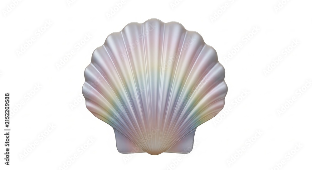 Fototapeta premium Nature - Iridescent Pearlescent Scallop Seashell with Rainbow Pastel Colors on White Background