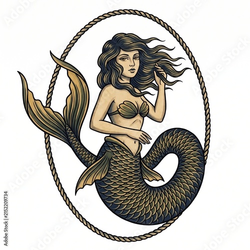 Vintage nautical mermaid with divided fishtail curled inside a rope oval, featuring windswept dark hair, golden scales, shell bodice and hand-inked maritime tattoo styling on clean white background