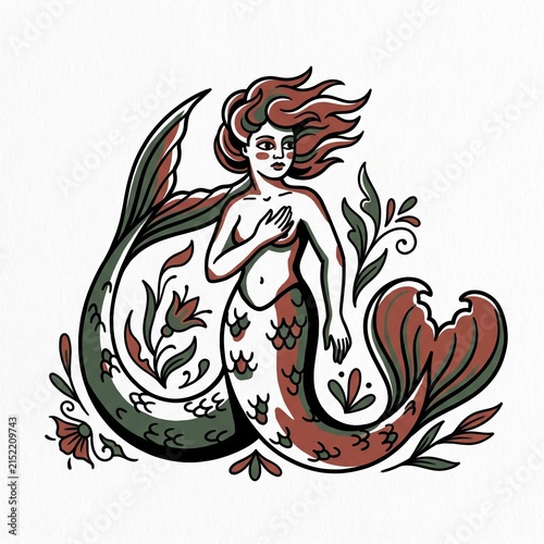 Flame-haired twin-tail mermaid entwined with leafy ocean flourishes, drawn in bold folk tattoo colors with mirrored curved fins, decorative scales and expressive linework on a white background