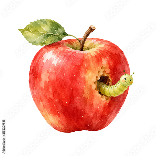 Watercolor red apple with Caterpillar isolated on white background
