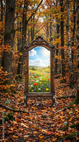 an antique standing mirror placed in the middle of an autumn forest, reflecting a completely different season with blooming spring flowers