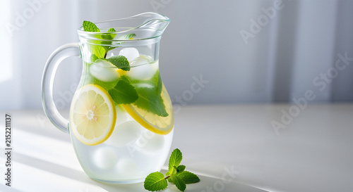 Frosted pitcher filled with lemon slices and mint leaves on table  