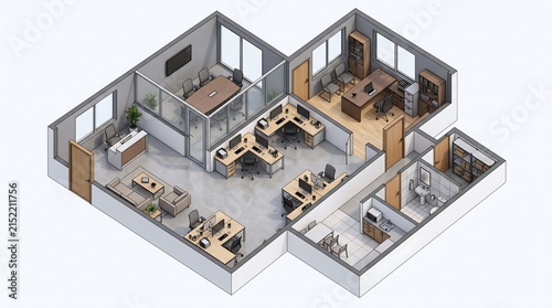 Isometric view of a modern office space featuring open work areas and collaborative meeting zones