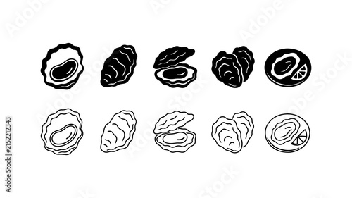 Oyster Seafood Icon Set in Silhouette and Outline Style Vector