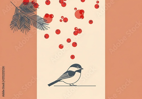 Minimalist Winter Illustration Featuring a Chickadee Bird and Red Berries