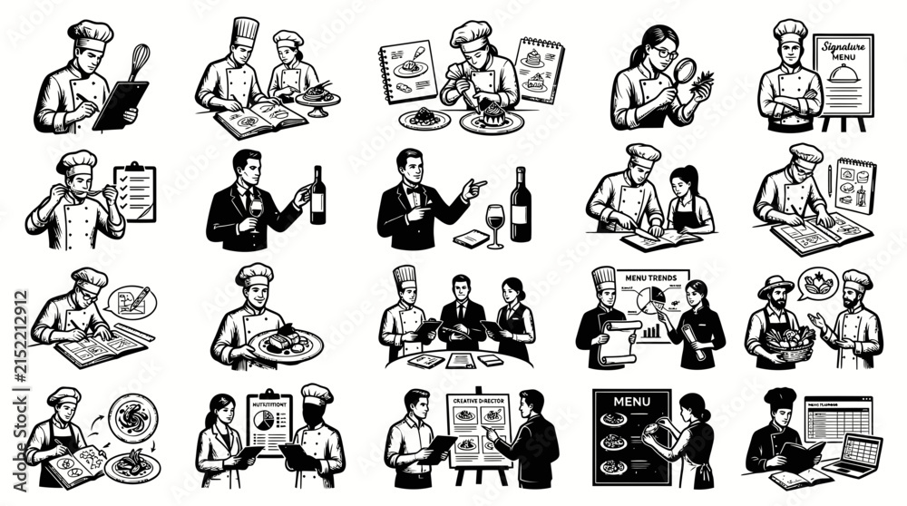 Obraz premium Chefs Consulting and Cooking: Black and White Line Art Vector Illustrations