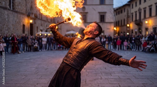 Fire breather performing with torch flame in city square
