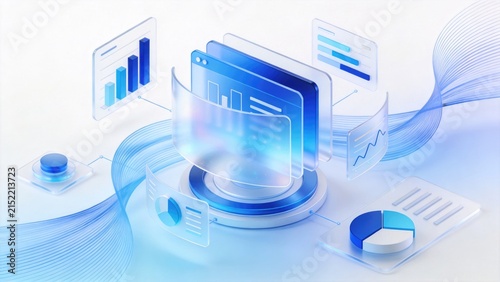 Futuristic data analytics dashboard with floating charts and flowing information streams, idea for business intelligence, statistics and digital technology presentation