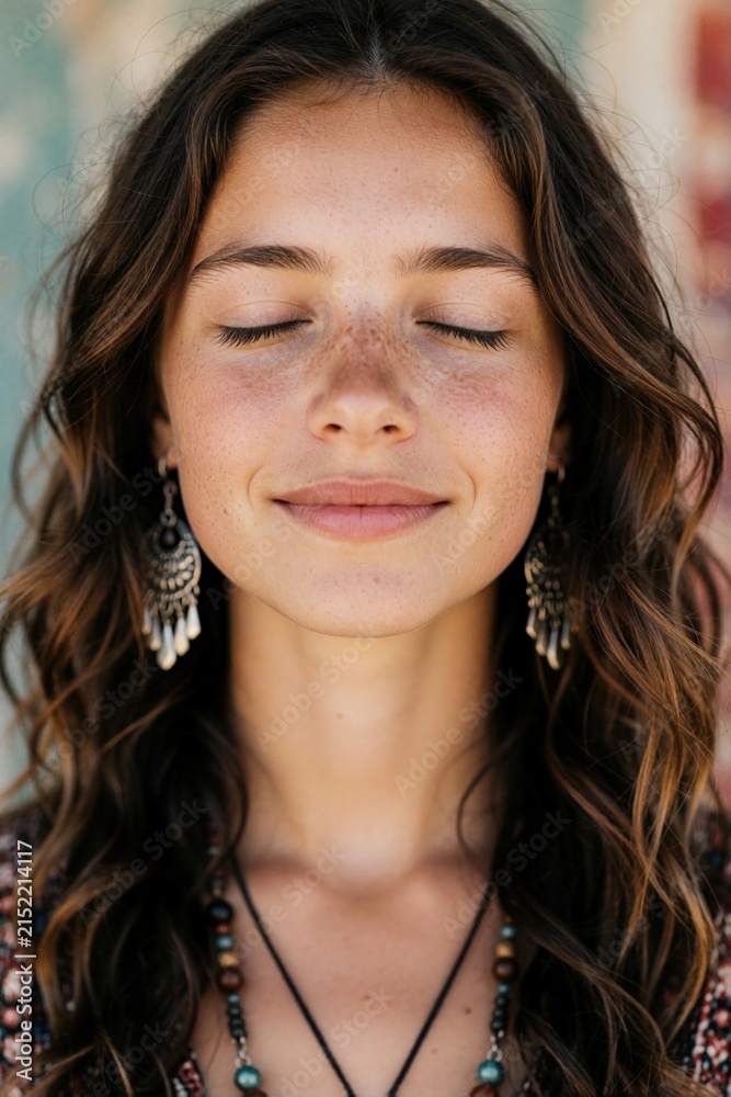 Obraz premium Young woman with freckles and long wavy hair enjoys moment of peace, eyes closed. Her serene expression and bohemian jewelry suggest mindfulness and natural beauty.