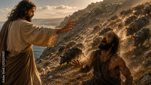 New Testament Illustration Of Christ Confronting Evil Spirits Near The Sea Of Galilee, Demonstrating His Power Over Darkness And Spiritual Bondage