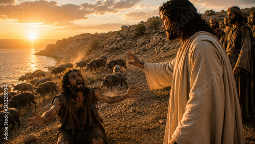 Jesus Casts Out Demons From The Gerasene Man Into A Herd Of Pigs, New Testament Bible Story