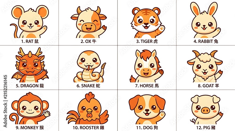 Fototapeta premium Kawaii style chinese zodiac animal icons set on white