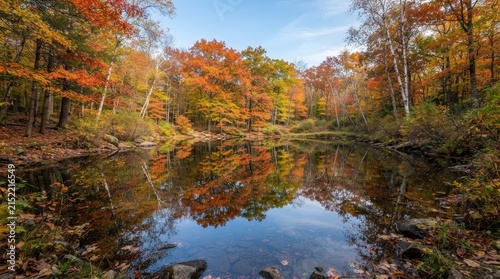 Scenic autumn lake reflecting colorful forest foliage, peaceful seasonal landscape, travel destination and natural fall background.