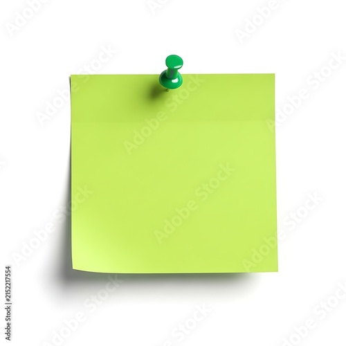 Bright yellow sticky note pinned with green thumbtack