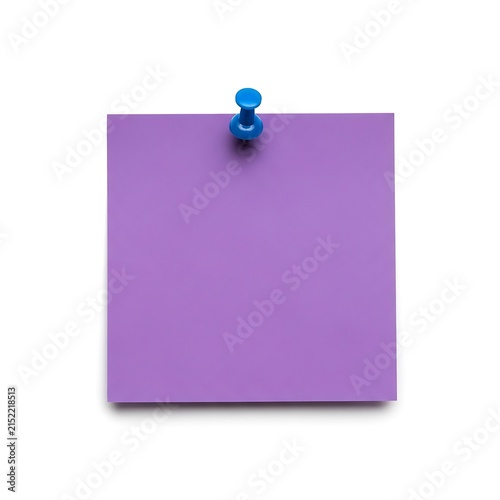 Purple sticky note secured with a blue push pin