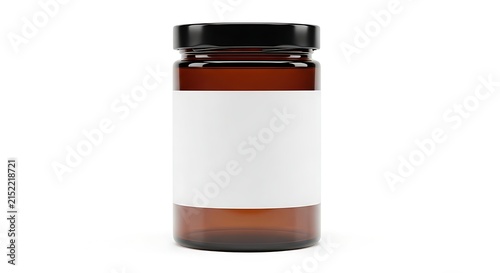 Clear amber glass jar with black lid on white background