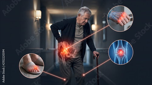 Elderly man with hip knee hand and foot joint pain