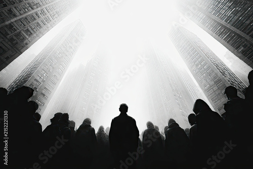 Low angle black and white artwork of a dark crowd of silhouetted figures standing beneath converging high rise towers under a bright white sky.