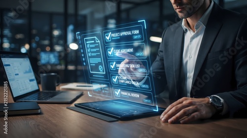 A professional businessman interacts with a digital holographic document interface during nighttime working hours to complete corporate administrative tasks and finalize important company
