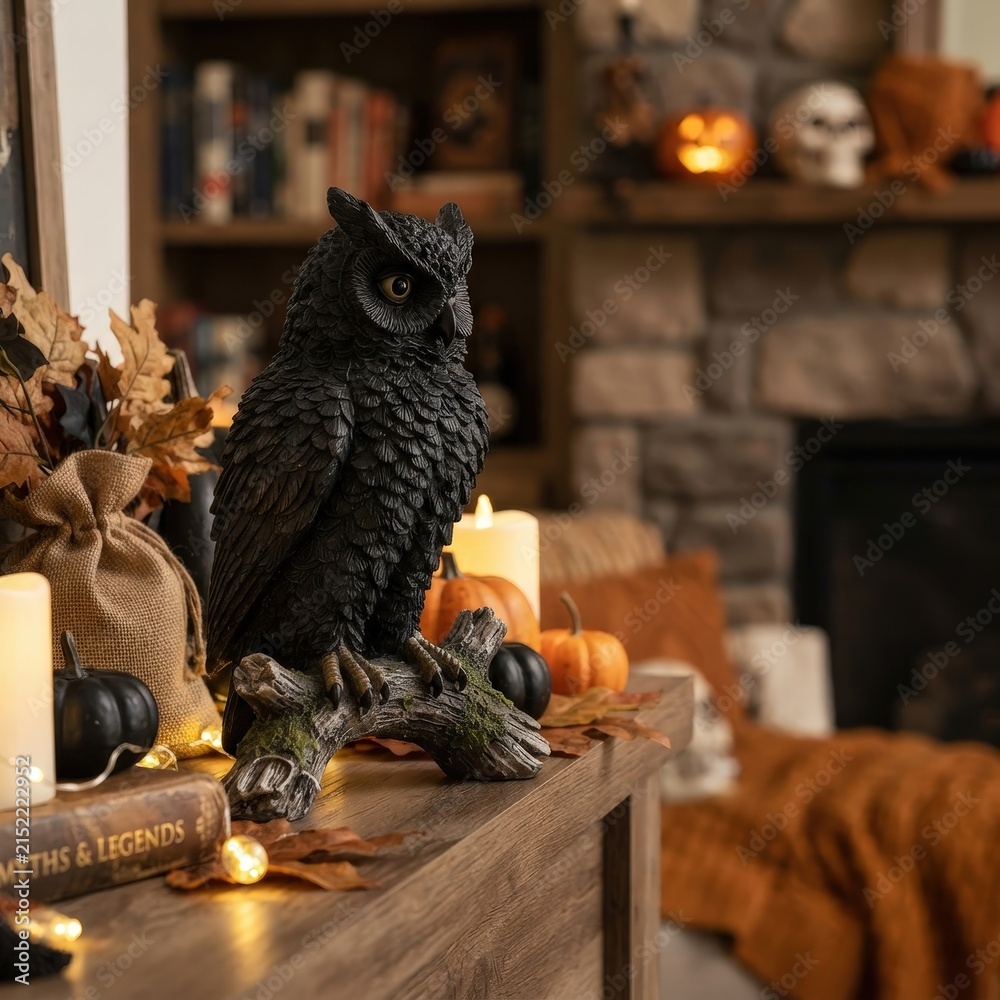 Obraz premium Black raven perched among Halloween decorations for spooky storytelling, gothic home decor and seasonal event promotions.