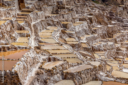 Traditional terraced salt ponds of Salineras de Maras cascading down the Andean mountainside with vibrant mineral colors and dramatic valley scenery
