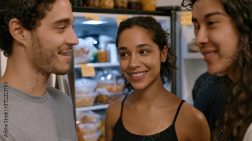Three roommates in their late twenties negotiate shelf space in a shared apartment refrigerator, sticky-note labels marking each person's designated zones while takeout containers