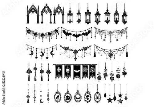 Bild auf Leinwand Set of gothic hanging decorations with bats moons stars and ornate frames for da