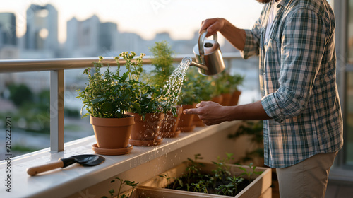 Urban apartment dweller watering herbs in terracotta pots arranged across narrow balcony railing, city skyline visible at golden hour, trowel resting on ledge, small vegetable
