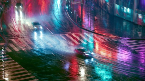 Colorful city streets illuminated by neon lights reflecting on wet pavement during a vibrant rainy night