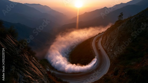 Breathtaking sunset illuminating a winding mountain road as a car drifts leaving a trail of smoke behind