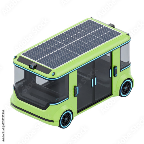 Futuristic autonomous solar-powered electric shuttle bus with solar panels, isolated on a transparent background