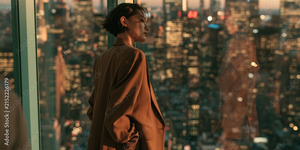 Naklejka premium Portrait of a woman overlooking city skyline at sunset from a high-rise interior for corporate background and urban lifestyle banner design