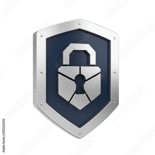Metallic shield with padlock security icon, isolated on a transparent background