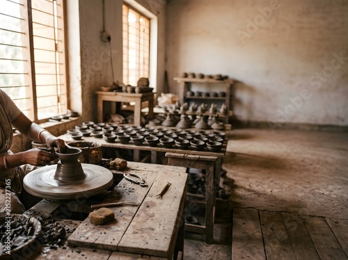 A skilled indian potter crafting traditional clay oil lamps for the upcoming diwali festival celebration in his workshop