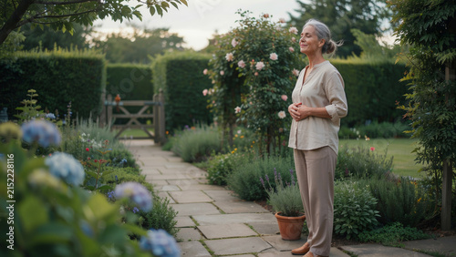 Woman in vintage dress walking on garden path, serene outdoor setting flowers greenery