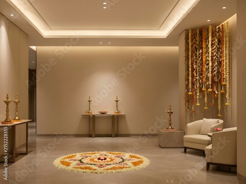 Elegant home interior decorated with traditional marigold flower rangoli for diwali festival celebration in a luxury living room