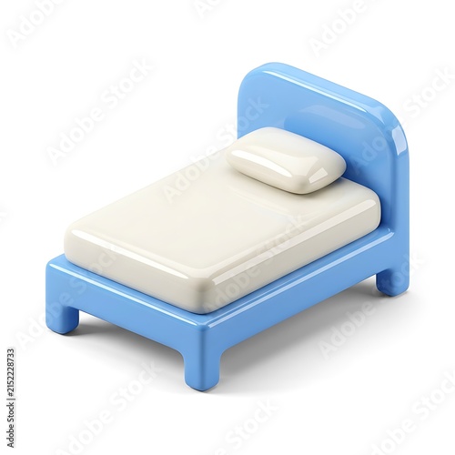 Isometric 3D rendering of blue bed with white mattress and pillow isolated on white background