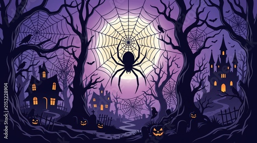 Scary halloween panorama vector illustration shows spider on web, dark haunted houses, spooky trees and moon.
