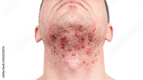 Upward view of male chin and neck showing severe inflamed folliculitis and shaving bumps